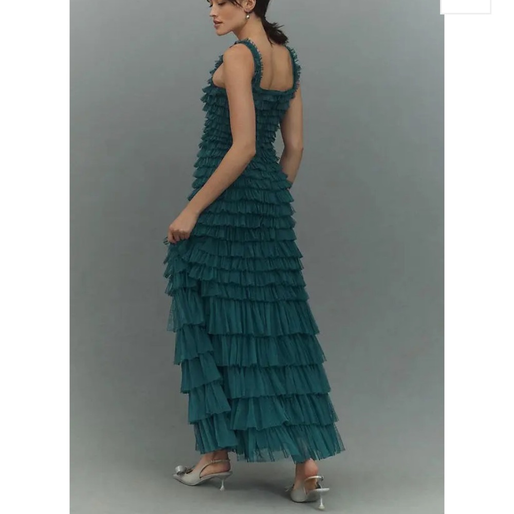 Mac Duggal Square-Neck Ruffled Tiered Tulle Formal Ball Gown Teal Green Size 10 - Picture 2 of 15